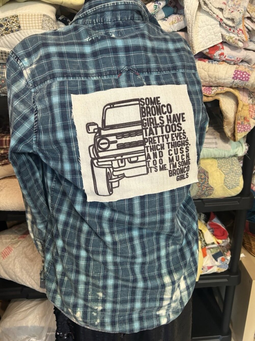 Ford Bronco Patchwork , Upcycled Vintage Flannel Shirt Unisex Size S Tatoos